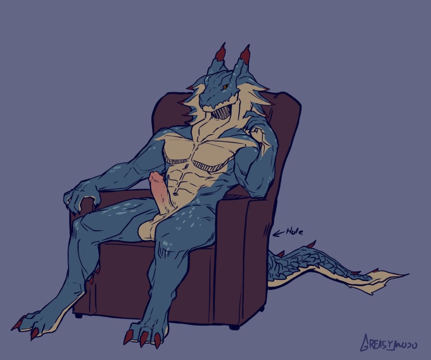 anthro balls capcom chair erection greasymojo hi_res humanoid_penis lagiacrus leviathan_(mh) male male_only monster_hunter muscular muscular_male nude penis scalie simple_background sitting solo video_games