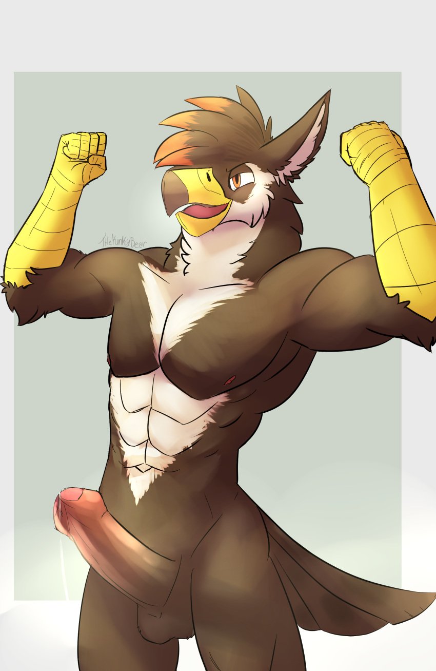 1boy 2019 abs absurd_res anthor anthro anthrofied avian bodily_fluids erection flexing furry genital_fluids hair hi_res humanoid_penis male male_only muscles muscular muscular_male nintendo nipples nude partially_retracted_foreskin penis pokemon pokemon_dppt pose precum presenting presenting_penis simple_background smile solo staraptor testicles thekinkybear uncut video_games