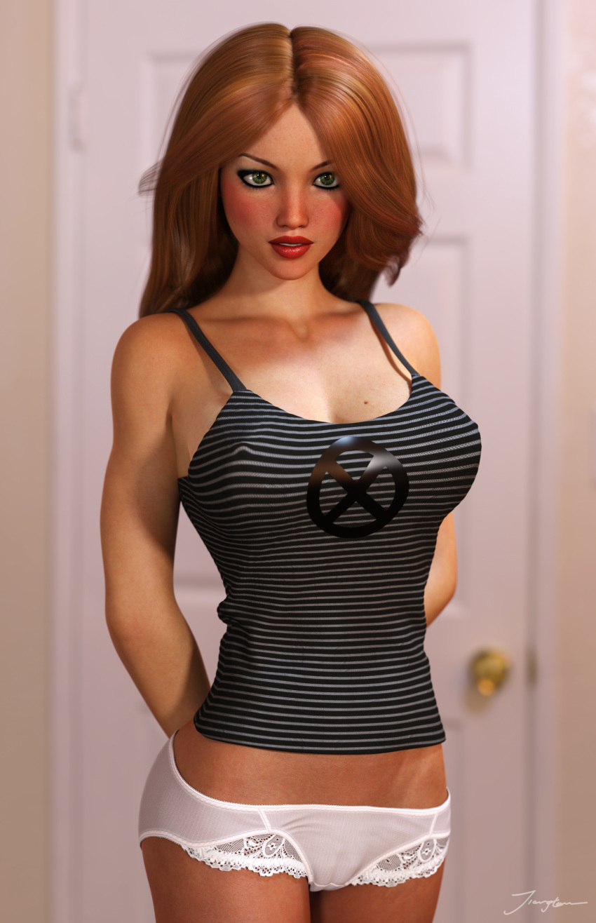 1girls 3d arms_behind_back big_breasts breasts busty cameltoe cleavage curvaceous curvy erect_nipples erect_nipples_under_clothes eyeshadow female female_only freckles ginger green_eyes homo_superior jean_grey large_breasts lingerie lipstick long_hair makeup marvel marvel_comics marvel_girl mascara mutant nipple_bulge nipples panties pinup pussy red_hair red_lips red_lipstick see-through see-through_lingerie see-through_panties shirt solo standing striped_shirt superheroine telepath tiangtam voluptuous vulva white_lingerie white_panties x-men