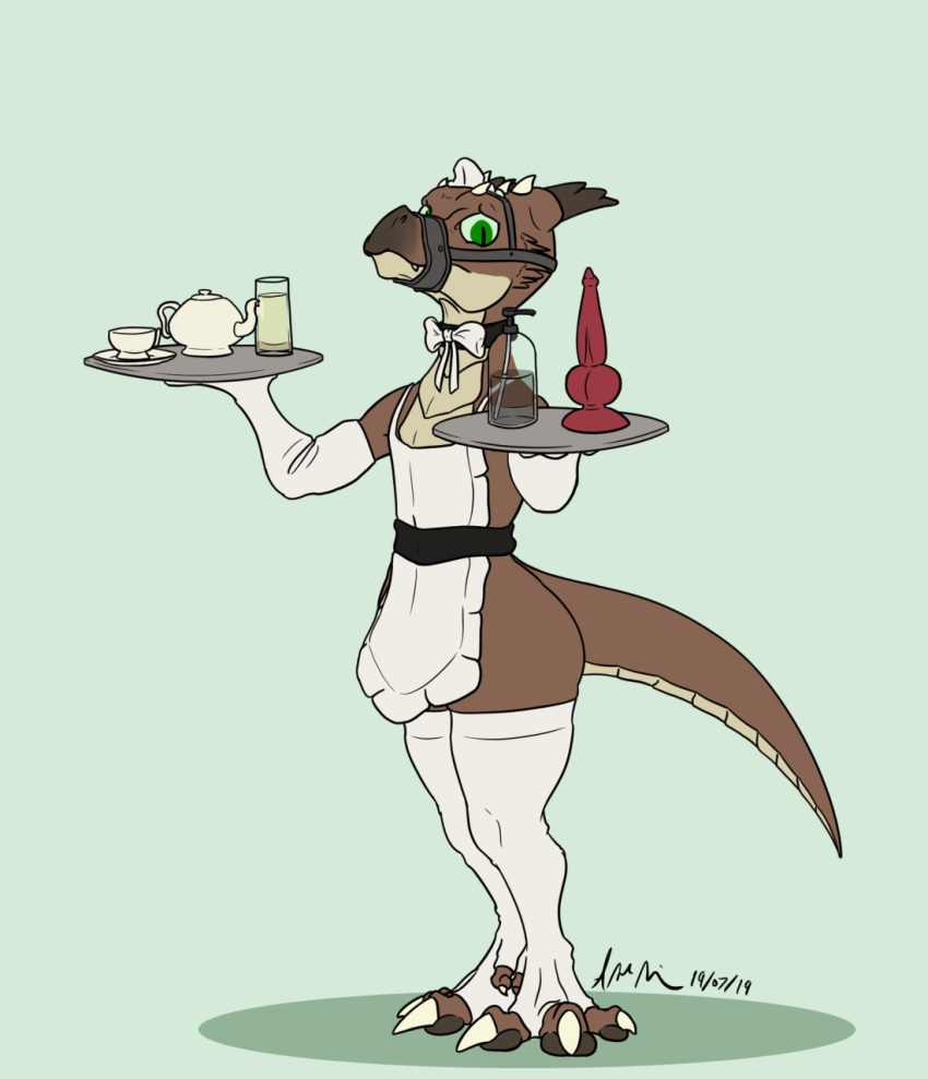 2019 4_toes ambiguous_gender anthro apron armwear belt beverage bow_tie brown_scales clothed clothing collar countershading crossdressing cup digital_media_(artwork) digitigrade dildo elbow_gloves glass gloves green_eyes handwear hi_res horn knotted_dildo kobold legwear lemonade lube maid_uniform mostly_nude muzzle_(object) muzzled scales scalie sex_toy slit_pupils solo standing stockings tan_scales teapot theandymac thigh_highs toes tray uniform white_clothing white_legwear white_stockings wide_hips