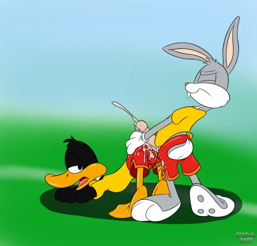 2019 anatid anseriform avian bird bodily_fluids bugs_bunny clothed clothing cpctail cum daffy_duck duck genital_fluids grinding hi_res humanoid_penis lagomorph leporid looney_tunes male male/male mammal paws penis rabbit soft_feathers warner_brothers