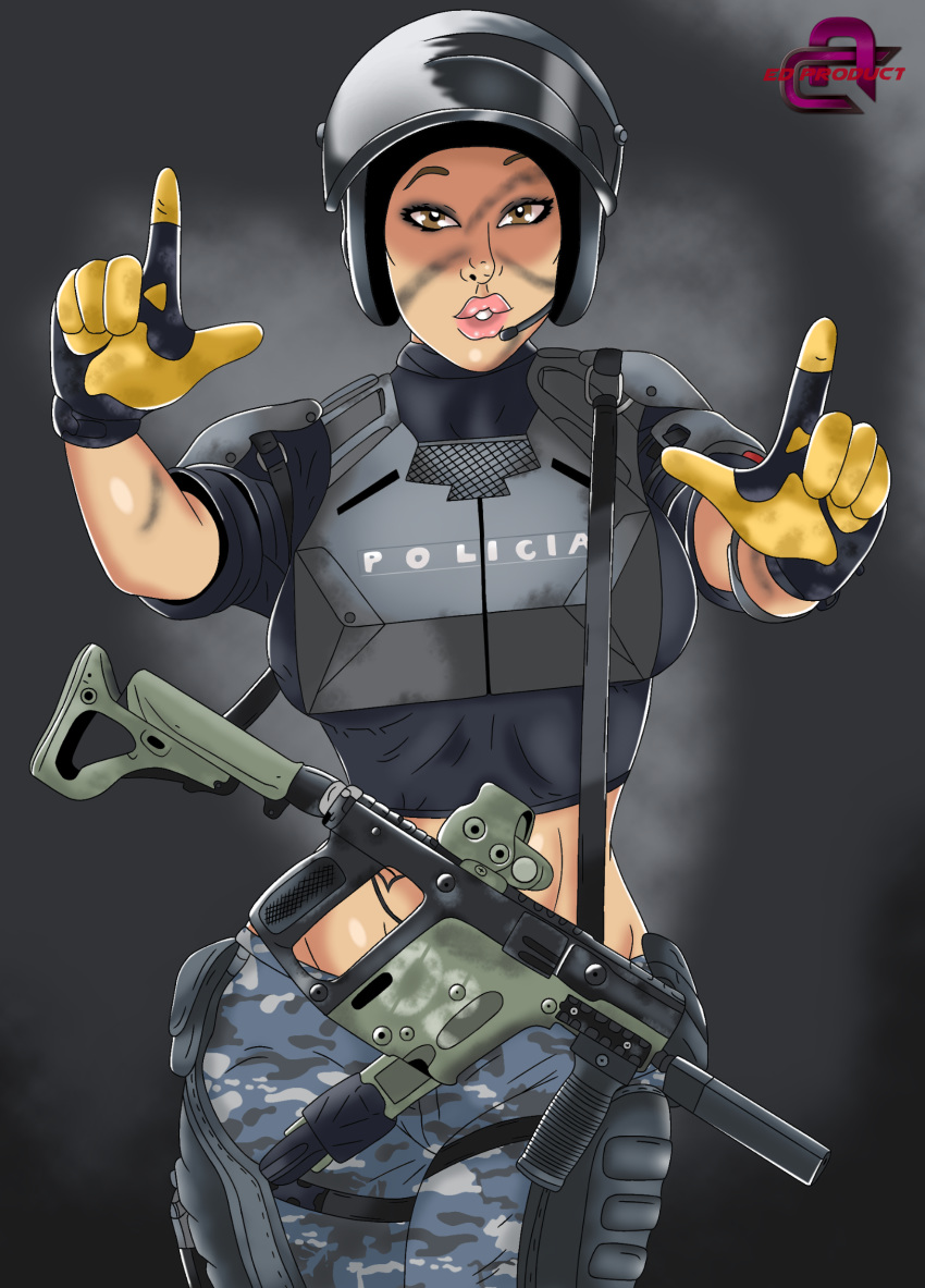 1girls against_fourth_wall assault_rifle breasts brown_eyes camouflage curvy ed_product female firearm fit gloves gun helmet hourglass_figure lips looking_at_viewer mira_(rainbow_six) rainbow_six rainbow_six_siege reaching reaching_out rifle solo special_forces suppressor tactical_vest tom_clancy toned toned_female weapon wide_hips