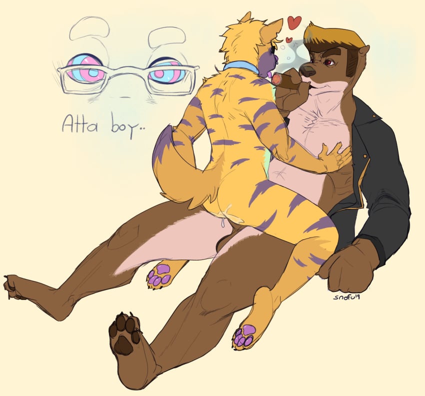 ambiguous_gender anal cigar eyewear glasses hi_res hyaenid lutrine male male/male mammal mind_control muscular mustelid paws riding smoking snofu yaoi