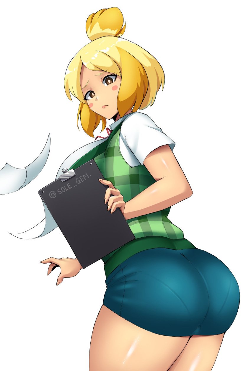 1girls animal_crossing ass big_ass big_breasts blonde_hair female fully_clothed hair_bun huge_thighs human humanized isabelle_(animal_crossing) large_breasts miniskirt nintendo pale-skinned_female pale_skin panties_visible_through_clothing pantylines simple_background skirt sole_gem solo thick_ass thick_thighs thighs voluptuous white_background wide_hips yellow_eyes