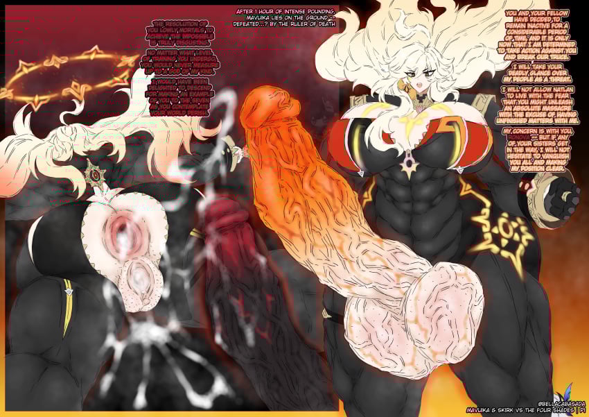 2futas abs bellacabasada bodysuit cum defeated dialogue futa_on_futa futa_only futanari genshin_impact gigantic_penis huge_ass huge_breasts huge_cock instant_loss_2koma mavuika_(genshin_impact) muscular muscular_futa revealing_clothes ronova_(genshin_impact) text