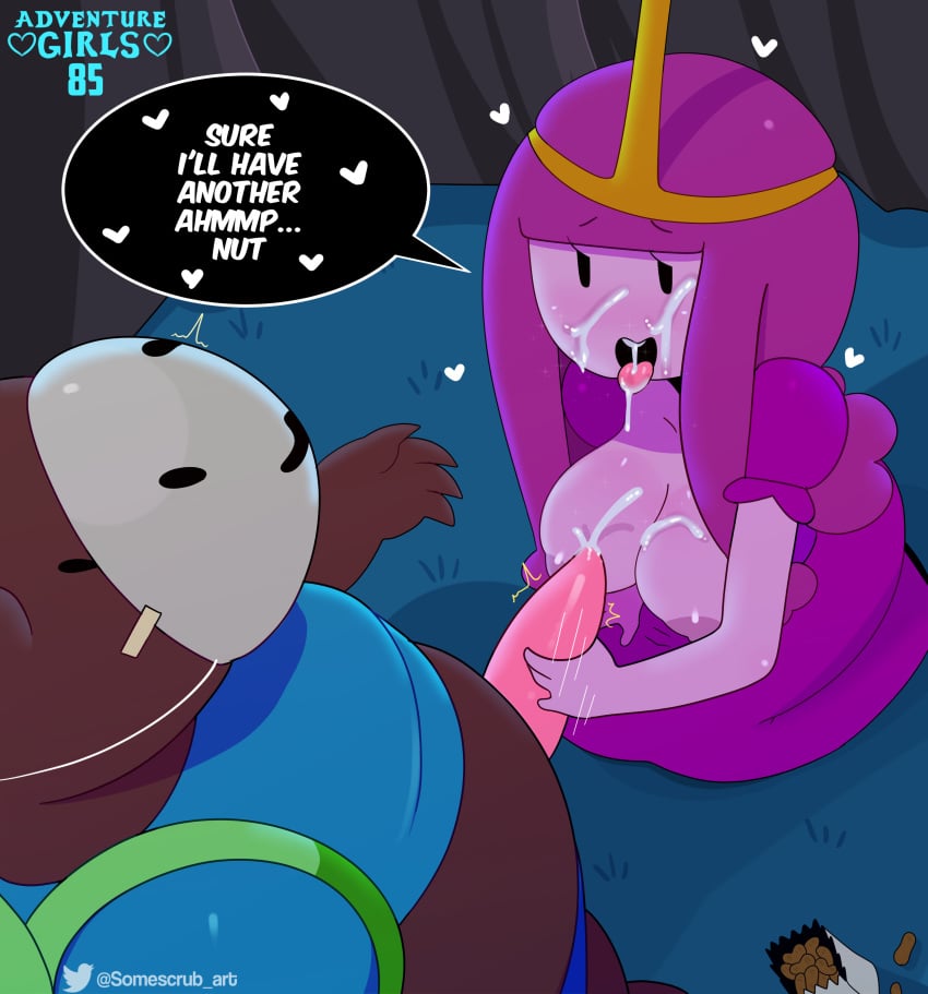 2019 4_fingers absurd_res adventure_girls adventure_time areola backpack bag bear_(adventure_time) biped black_eyes blonde_hair blue_clothing blue_shirt blue_topwear bodily_fluids breasts brown_bear candy cartoon_network clothed clothing crown cum cum_on_breasts cum_on_face cumshot dialogue dress ejaculation english_text female fingers food food_creature genital_fluids hair handjob headgear headwear heart hi_res humanoid humor kneeling light_skin living_candy long_hair male mammal manual mask mob_face motion_lines nipples no_sclera noseless open_mouth orgasm outside pale_skin partially_clothed penile penis pink_areola pink_clothing pink_hair pink_nipples pink_penis pink_skin pink_tongue princess_bubblegum pun royalty sex shirt somescrub speech_bubble standing straight text tongue tongue_out topwear twitter ursid ursine zoophilia