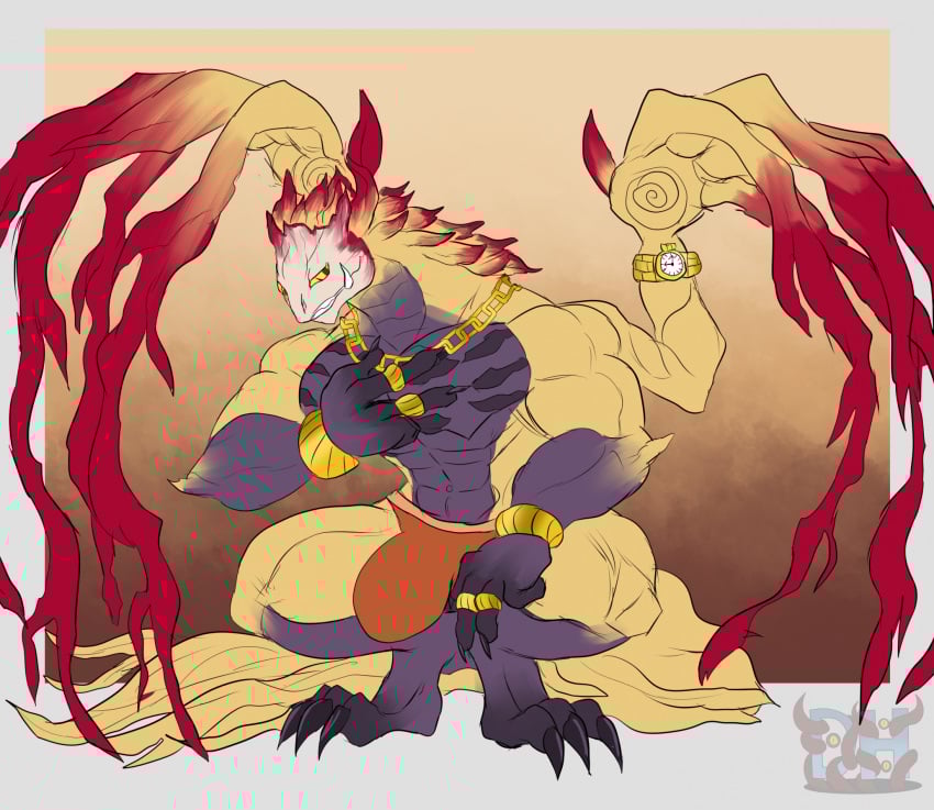 abs anthro biceps big_muscles bulge capcom claws clock clothing crouching daikuhiroshiama digitigrade dragon elder_dragon fingers hi_res horn jewelry looking_at_viewer male membrane_(anatomy) monster_hunter multi_arm multi_limb multicolored_body muscular muscular_anthro muscular_male muscular_thighs mythological_creature mythological_scalie mythology pecs scalie serratus shara_ishvalda simple_background smile solo tail teeth watch wings