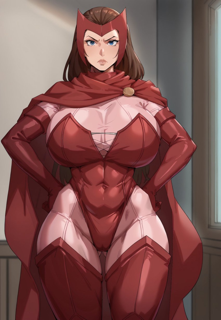 ai_generated angry angry_face avengers big_breasts blue_eyes boots brown_hair busty cape clothed_female corset curvaceous female female_focus female_only gloves heroine hourglass_figure kunaboto_(style) lipstick marvel marvel_comics milf milkersenjoyer red_boots red_cape red_gloves red_lipstick scarlet_witch superheroine tiara wanda_maximoff