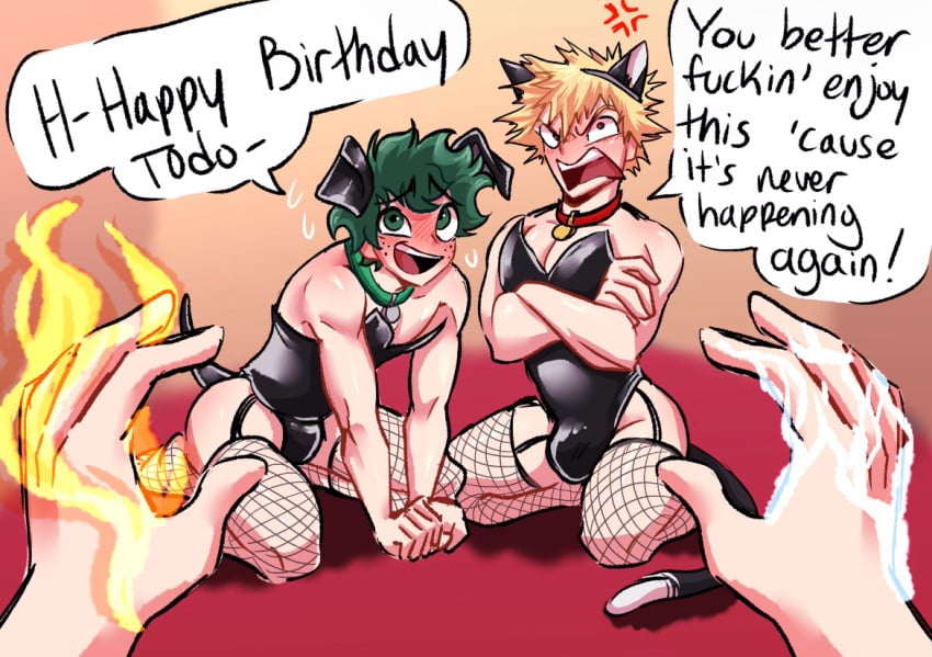 2boys angry angry_face arms_crossed bakugou_katsuki birthday_sex blush boku_no_hero_academia bulge bulge_through_clothing cat_ears cat_tail clothed clothing collar deku dialogue dog_ears dog_tail fishnets gay imminent_sex izuku_midoriya katsuki_bakugou leather leather_clothing male male/male male_focus male_only midoriya_izuku muscular muscular_male my_hero_academia pretty_werewolf shouto_todoroki todoroki_shouto yaoi