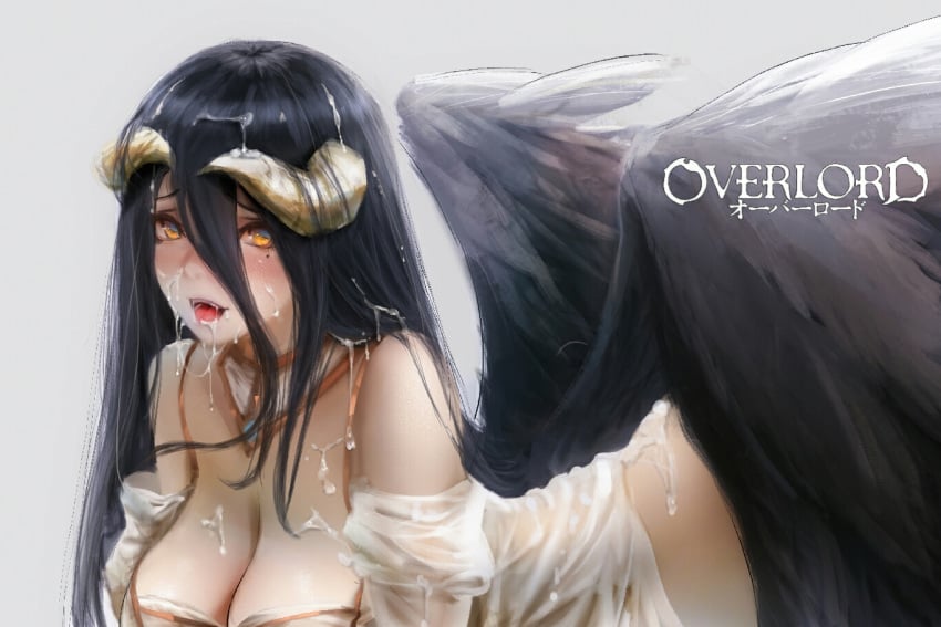 after_sex albedo_(overlord) ass bangs bare_shoulders black_feathers black_hair black_wings blush breasts cleavage clothed_sex cum cum_in_mouth cum_on_ass cum_on_body cum_on_breasts cum_on_clothes cum_on_hair cum_on_lower_body cum_on_upper_body cum_string cumdrip demon_girl demon_wings detached_collar dress eyebrows_visible_through_hair facial feathered_wings feathers female feng_yezi hair_between_eyes hip_vent horns large_breasts long_hair looking_at_viewer low_wings mole mole_under_eye open_mouth overlord_(maruyama) see-through shirt sidelocks simple_background smile solo solo_focus succubus very_long_hair wet wet_clothes wet_shirt white_background white_dress white_shirt wings yellow_eyes