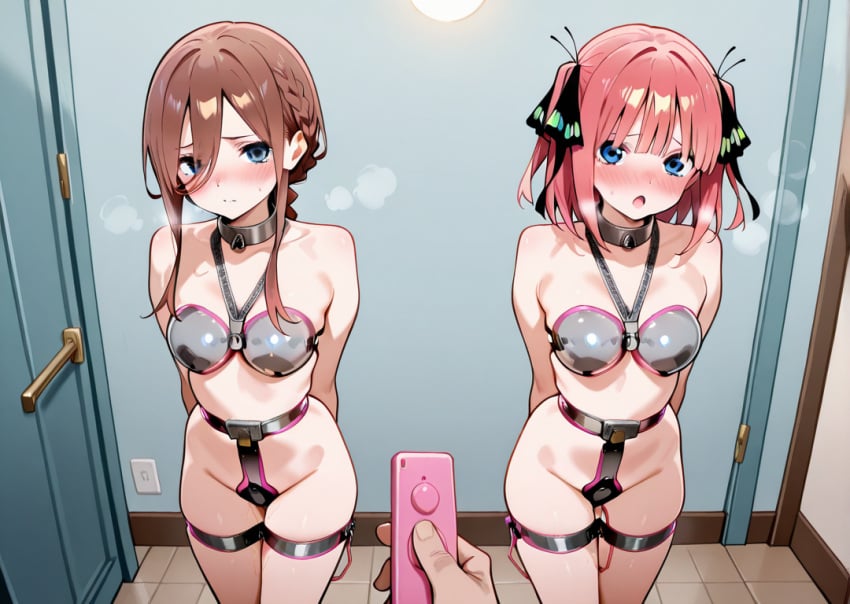 2girls ai_generated benmccannon_(artist) blue_eyes bondage brown_hair chastity_belt chastity_bra female female_chastity go-toubun_no_hanayome male male_pov metal_collar nakano_miku nakano_nino pink_hair quintessential_quintuplets vibrator_remote