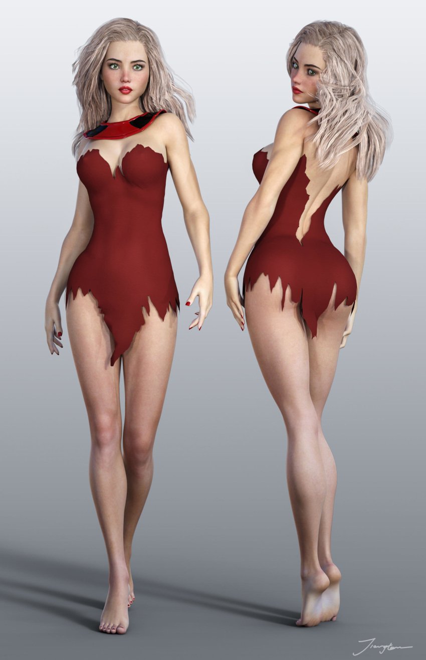 1girls 3d ass back_view barefoot breasts cleavage collar dat_ass dress erect_nipples erect_nipples_under_clothes eyeshadow female female_only front_view green_eyes hanna-barbera human jana jana_of_the_jungle lipstick long_hair makeup mascara medium_breasts minidress nail_polish nipple_bulge nipples pinup red_dress red_lips red_lipstick red_minidress red_nail_polish red_nails signature solo standing thighs tiangtam tiptoes toenail_polish white_hair