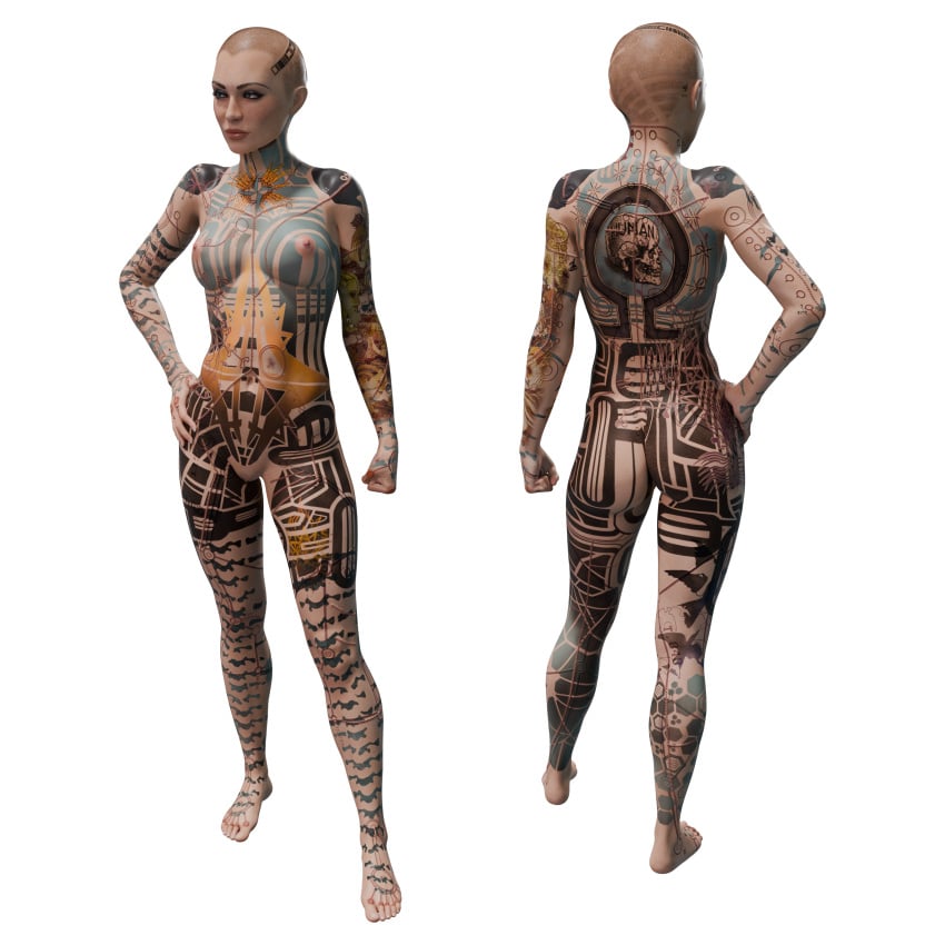 1girls 3d bald bald_female chirpychirp99 completely_nude completely_nude_female female front_and_back full_body full_body_tattoo jack_(mass_effect) mass_effect nude nude_female solo