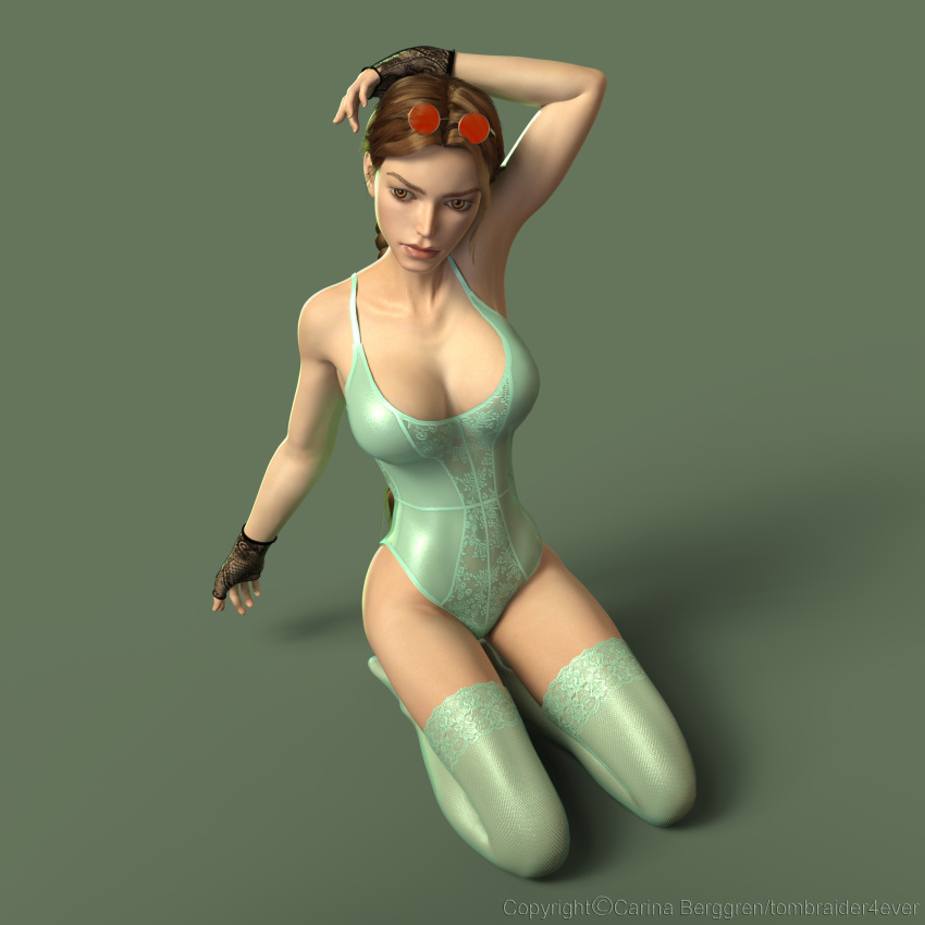 1girls 3d arms_up big_breasts braid braided_hair breasts brown_eyes brown_hair busty cleavage eyewear_on_head fingerless_gloves green_lingerie green_stockings hand_on_head hourglass_figure lace-trimmed_bra lace-trimmed_corset lace-trimmed_gloves lace-trimmed_thighhighs lara_croft lara_croft_(classic) lingerie pose posing stockings sunglasses_on_head teddy_(clothing) thick_eyebrows thighhighs tomb_raider tombraider4ever