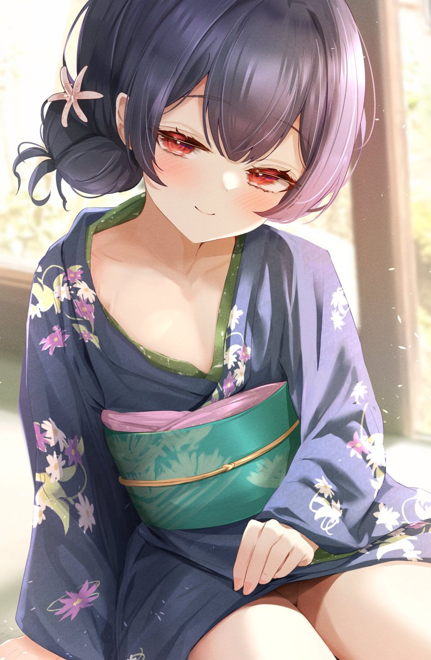 1girls absurdres blue_hair blue_kimono blurry blurry_background blush clothes_lift commentary_request dark_blue_hair female fingernails floral_print flower hair_bun hair_flower hair_ornament half-closed_eyes highres idolmaster idolmaster_shiny_colors indoors japanese_clothes kimono kimono_lift lifting_own_clothes looking_at_viewer morino_rinze obi print_kimono red_eyes sash single_hair_bun sky_cappuccino smile solo