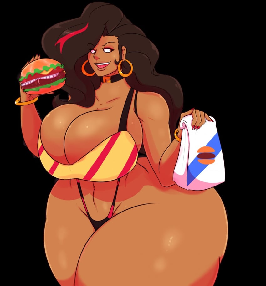 1girls 5_fingers ass belly big_ass big_breasts bimbo black_background bottomless bra bracelet breasts brown_eyes brown_hair choker cleavage dark-skinned_female dark_skin earrings eating eyelashes eyeshadow female female_only food gala gala_(carmessi) hamburger hoop_earrings huge_ass huge_breasts human jewelry large_ass large_breasts looking_away looking_to_the_side nail_polish navel owlizard simple_background smile solo solo_female standing thick_thighs thong wide_hips