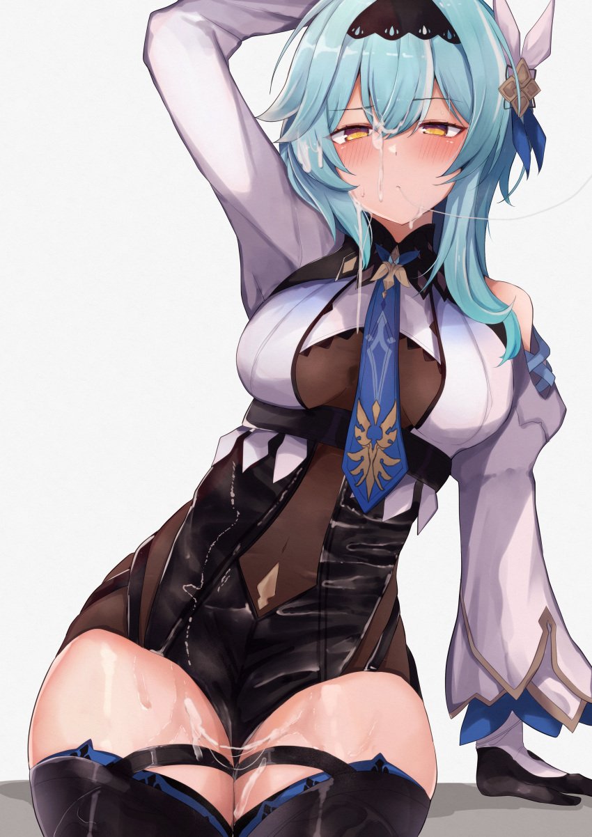 absurdres arm_up bare_shoulders black_hairband blue_hair blue_necktie blush breasts clothing_cutout covered_navel cum cum_in_mouth cum_on_body cum_on_hair cum_string eula_(genshin_impact) facial female genshin_impact gloves hair_between_eyes hair_ornament hairband highres large_breasts long_hair long_sleeves looking_at_viewer medium_hair necktie shoulder_cutout sitting solo sweat sweatdrop thighhighs thighs white_background yellow_eyes yozakura_rakuza