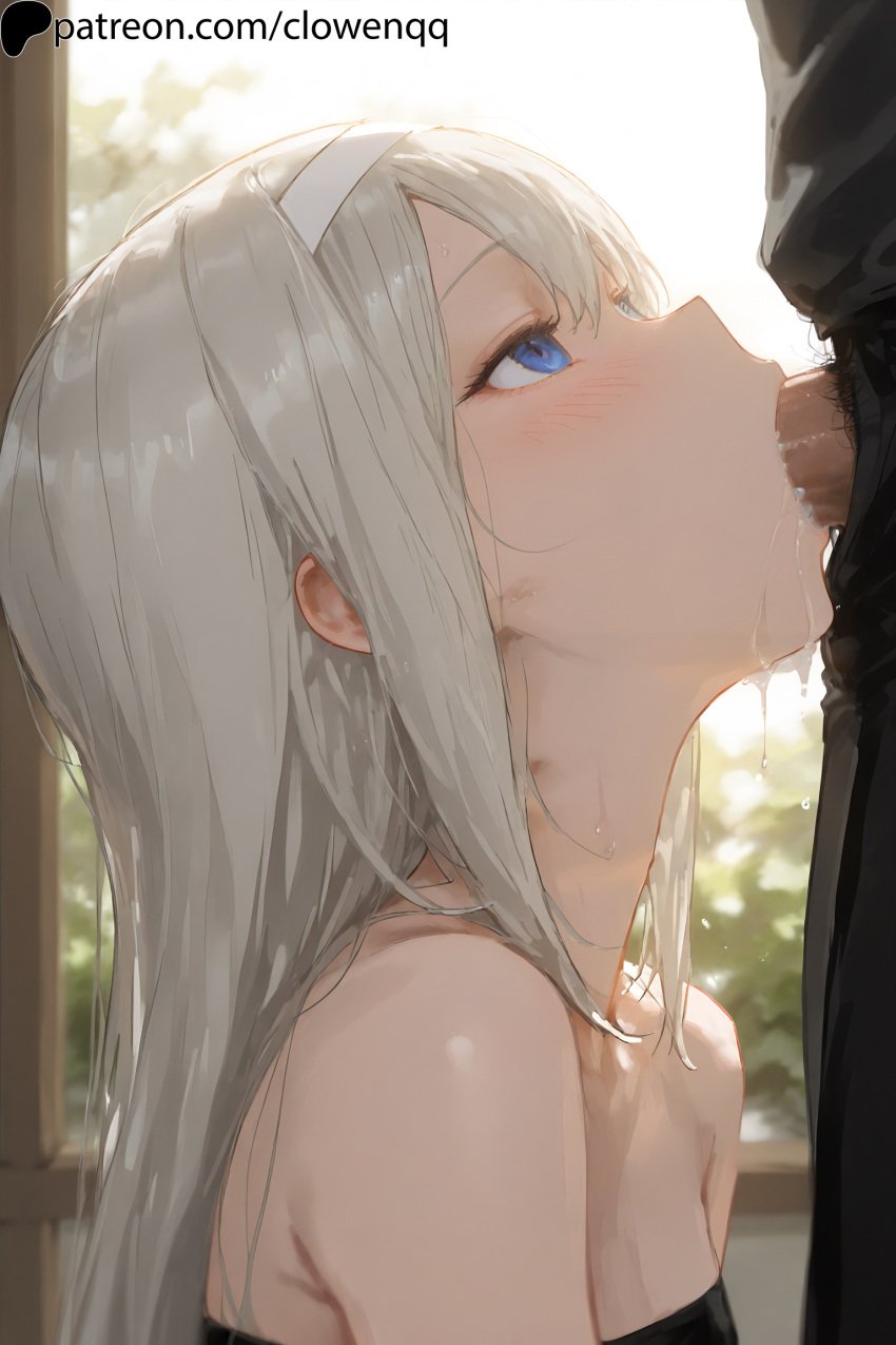 1boy1girl 1girls ai_generated bare_shoulders blowjob blue_eyes blush clowenqq cum cum_in_mouth deepthroat fellatio female female_focus from_side gray_hair kaguya-sama_wa_kokurasetai_~tensai-tachi_no_renai_zunousen~ looking_up male/female oral oral_penetration oral_sex penis penis_in_mouth shirogane_kei uncensored