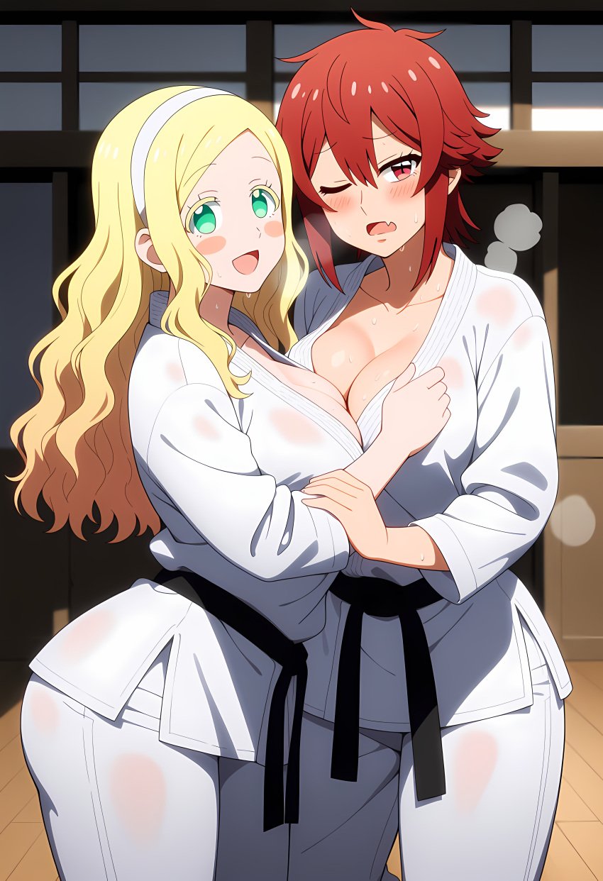 2girls 4k ai_generated aizawa_tomo big_ass big_breasts big_butt blush blushing_female blushing_profusely breasts breath bubble_ass bubble_butt carol_olston cleavage deep_cleavage dripping female female_only grabbing_clothing huge_ass huge_breasts judo large_breasts looking_at_viewer martial_arts martial_arts_uniform massive_breasts narrow_waist open_mouth posing posing_for_the_viewer presenting_breasts revealing_breasts revealing_clothes see-through_clothing self_upload sweatdrop sweating sweaty sweaty_body sweaty_breasts sweaty_butt thick_nipples thick_thighs tomo-chan_wa_onna_no_ko wet_clothes wide_hips yeetyboi5000 yuri