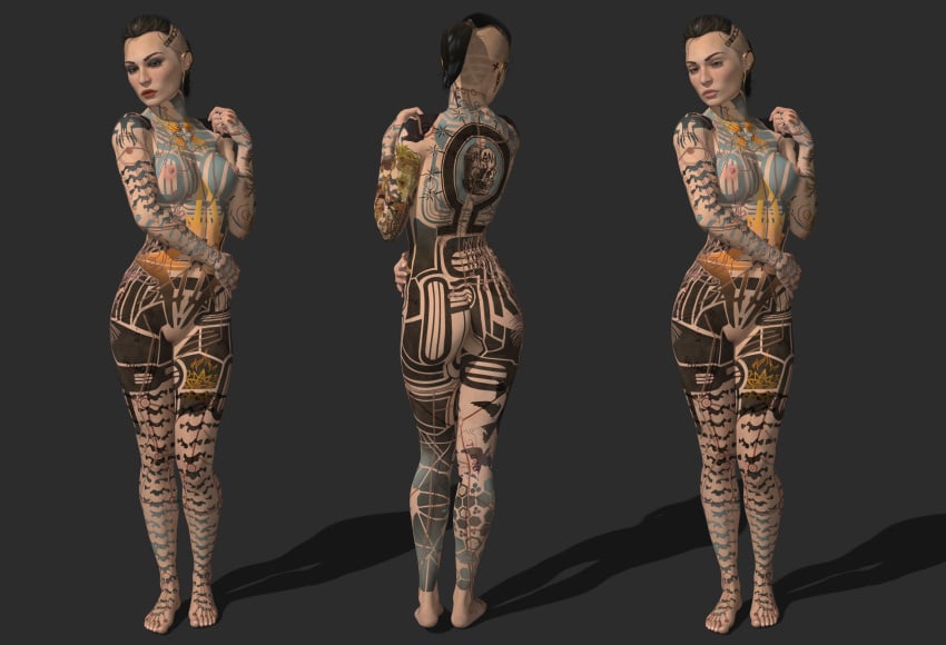 1girls 3d chirpychirp99 completely_nude completely_nude_female female front_and_back full_body full_body_tattoo jack_(mass_effect) mass_effect nude nude_female solo tattoo