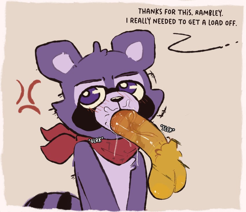 anthro fellatio genitals hi_res indigo_park kerchief male mammal neckerchief neckwear notsafeforwanking oral penile penis procyonid purple_eyes raccoon rambley_raccoon sex tail text