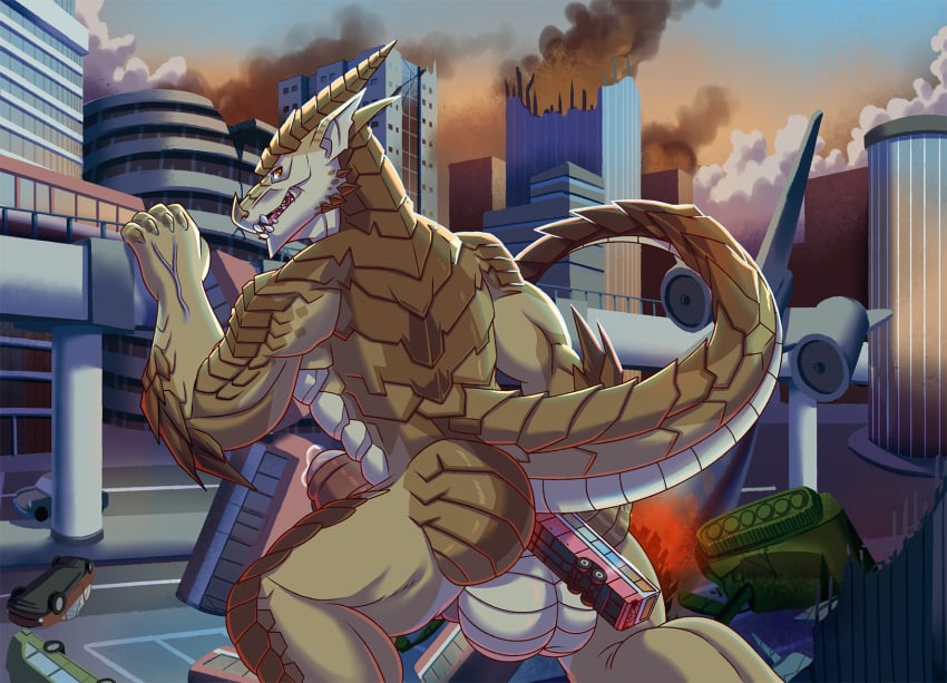 4_fingers aircraft airplane anthro anus ass balls biceps big_balls big_penis biped bodily_fluids bridge brown_body brutus_(pyronite) building building_destruction burning burning_vehicle car city city_background city_destruction cityscape claws crush daru_brek destruction detailed_background dragon erection finger_claws fingers furry genital_fluids genitals hi_res humanoid_genitalia humanoid_penis improvised_sex_toy jet kneeling looking_at_viewer macro macro_anthro macro_male male muscular muscular_anthro muscular_male mythological_creature mythological_scalie mythology nude outside pecs penile penis pyronite(commissioner) rampage scaled_penis scalie sky solo tail tank_(vehicle) train vehicle vehicle_destruction vehicle_insertion yellow_eyes