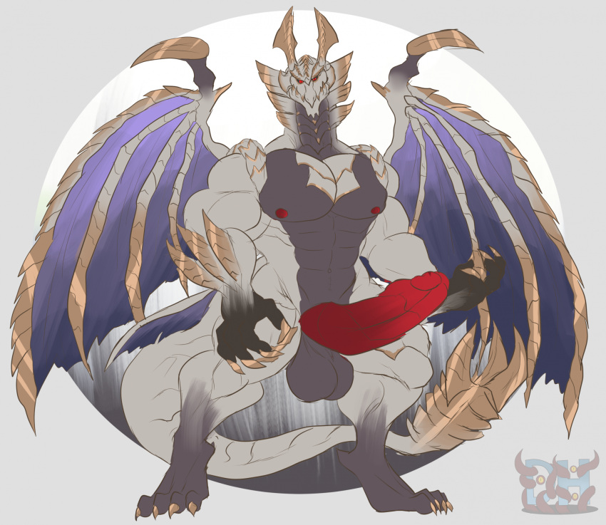 abs anthro balls biceps big_balls big_muscles big_pecs big_penis capcom claws daikuhiroshiama digitigrade dragon elder_dragon genitals hi_res horn looking_at_viewer male malzeno membrane_(anatomy) monster_hunter multicolored_body muscular muscular_anthro muscular_male muscular_thighs mythological_creature mythological_scalie mythology nipples nude pecs penis primordial_malzeno red_eyes scalie serratus simple_background smile solo tail teeth triceps white_body wings