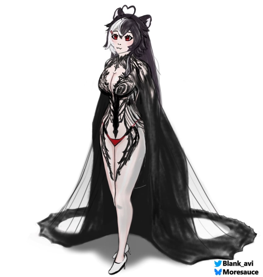 animal_ears artist_name bare_legs black_hair breasts cape cleavage crossed_legs female full_body gloves high_heels large_breasts long_hair looking_at_viewer momotexx_(vtuber) multicolored_hair navel panties red_eyes short_hair simple_background smile solo standing two-tone_hair underwear vyugen white_background white_hair