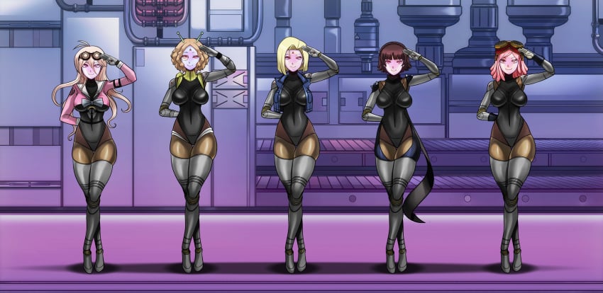 android_18 atomic_heart blonde_hair brown_hair dangan_ronpa dangan_ronpa_v3 danganronpa danganronpa_v3 danganronpa_v3:_killing_harmony dragon_ball dragon_ball_z drone dronification face_mask female female_only femsub glowing glowing_eyes haru_okumura iruma_miu leotard makoto_niijima mei_hatsume miu_iruma multiple_girls multiple_subs my_hero_academia persona_(series) persona_5 pink_hair robot robot_girl robotization saluting shinzu standing standing_at_attention the_twins_(atomic_heart)