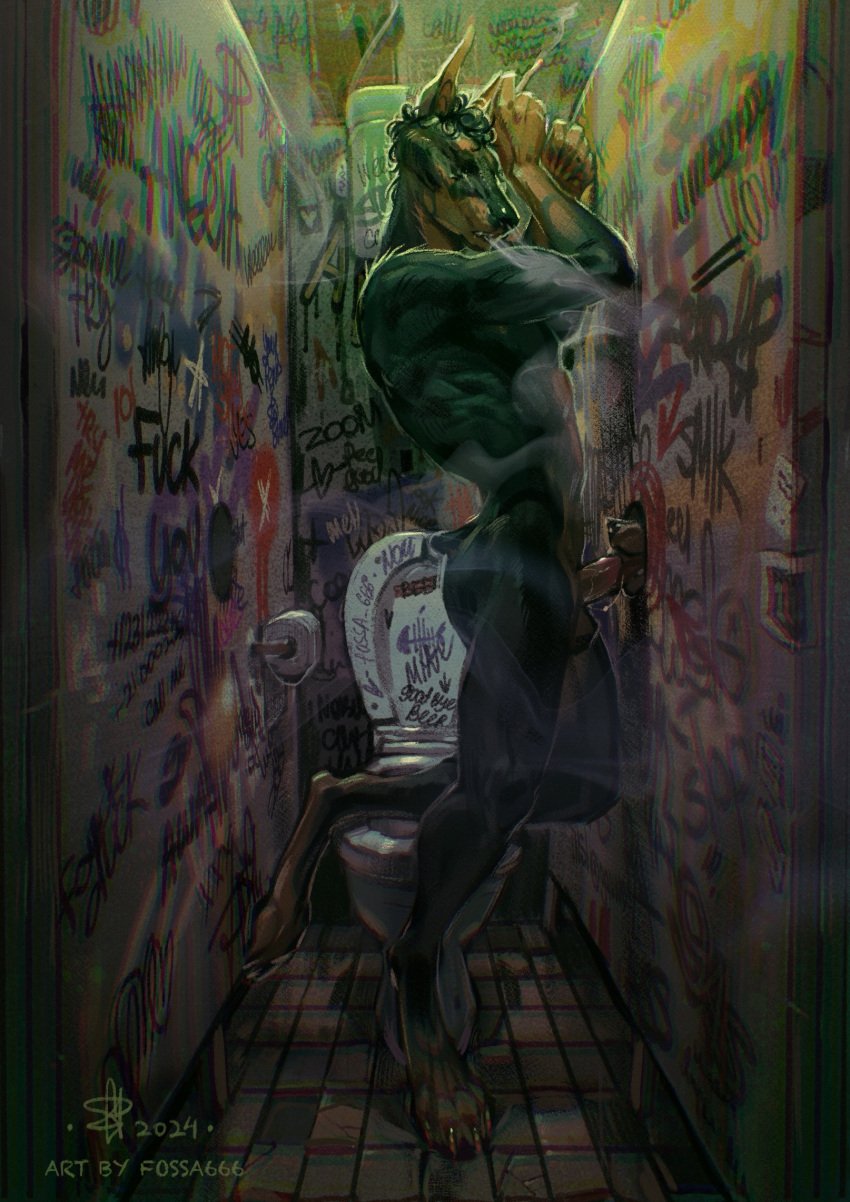 anthro balls bathroom black_body black_fur brown_body brown_fur canid canine canis cigarette detailed_background dobermann domestic_dog duo faceless_character faceless_male fellatio fossa666 fur genitals glory_hole graffiti hi_res holding_cigarette holding_object male male/male mammal muscular muscular_anthro muscular_male nude_anthro nude_male oral penile penis pinscher public_restroom restroom_stall sex smoke smoke_from_mouth smoking standing toilet toilet_paper