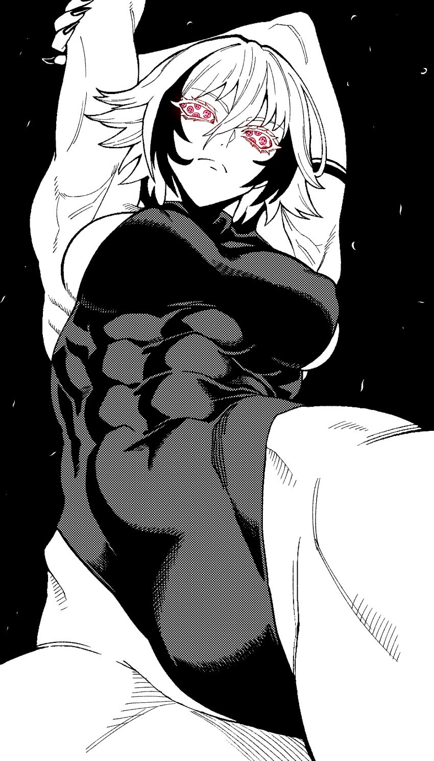 abs armpit armpits athletic athletic_female bare_arms bare_legs bare_shoulders bare_thighs big_breasts bodysuit breasts cleavage clothed clothing female female_focus female_only fit fit_female looking_at_viewer looking_down muscular muscular_arms muscular_female muscular_thighs original_character sharp_nails short_hair sideboob solo solo_female stretching tight_clothing tomboy toned toned_body toned_female underboob websake white_hair wide_hips