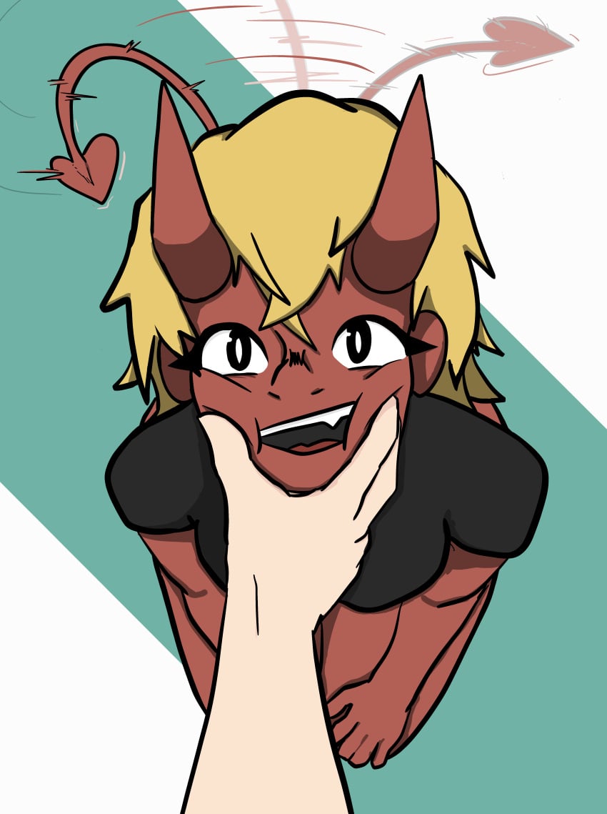 1girls demon_girl demon_horns demon_tail female female_focus female_only kaeda(nomoreegress) nomoreegress original red_skin squish tailwag