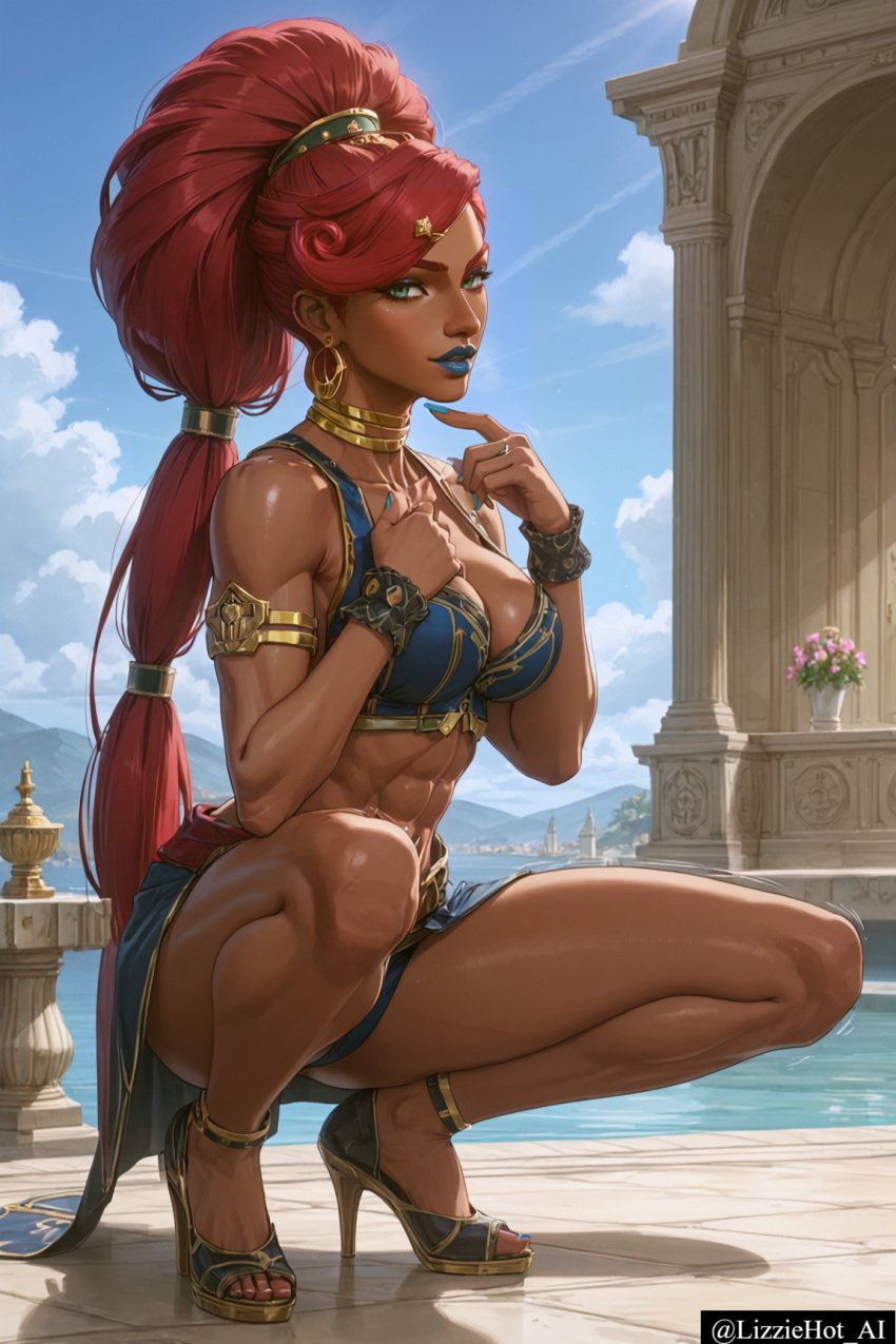 abs ai_generated amazon beautiful blue_lipstick choker cleavage dark-skinned_female female female_only fit fit_female gerudo_outfit gold_jewelry green_eyes hair_ornament high_heels jewelry lipstick lizziehot_ai long_hair looking_at_viewer muscle_mommy muscular muscular_female nintendo outdoors queen red_hair redhead redhead_female seductive_look seductive_smile short_skirt skirt solo squatting the_legend_of_zelda the_legend_of_zelda:_breath_of_the_wild thighs urbosa