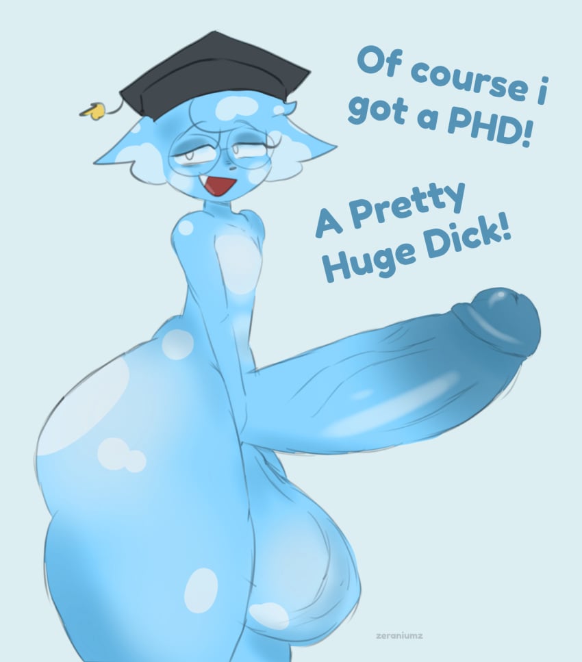 anthro blue_fur femboy femboy_focus femboy_only furry graduation_cap huge_ass huge_cock kanye_west_reference meme_reference oc phd tagme text zeraniumz