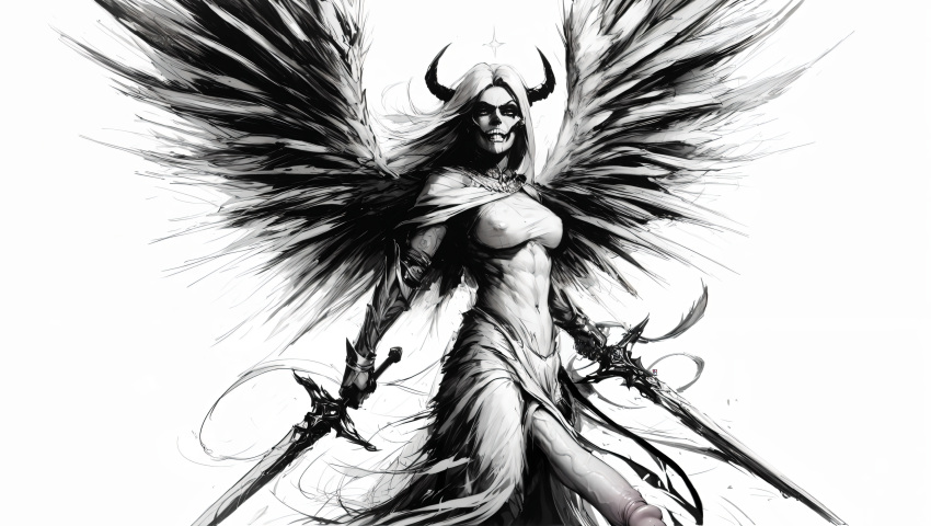 1futa 2d ai ai_assisted ai_generated angel angel_wings big_dick big_penis black_and_white devil devil_horns dramatic_pose fantasy futa_only futanari hires skull skull_head sword tagme