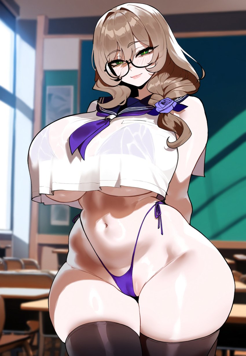 ai_generated arms_behind_back ass ass_focus bare_arms big_ass big_breasts big_butt big_thighs bikini brown_hair crop_top_overhang curvy curvy_female curvy_figure dijiai focus from_front_position front_view genshin_impact glasses green_eyes highleg horny horny_female hourglass_figure indoors light_blush lisa_(genshin_impact) looking_at_viewer mommy nsfw pussy round_ass round_butt school school_uniform schoolgirl seductive seductive_look thiccwithaq_(ai_style) thick thick_ass thick_butt thick_legs thick_thighs thigh_highs thighhighs thighs underboob wide_hips