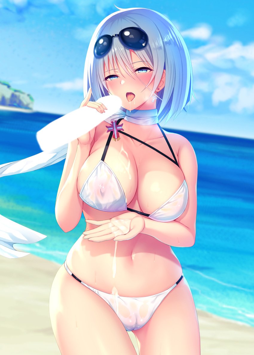 azur_lane bikini cameltoe censored cum erect_nipples erect_nipples_under_clothes handjob megane minase_kuuru penis swimsuits tirpitz_(azur_lane)