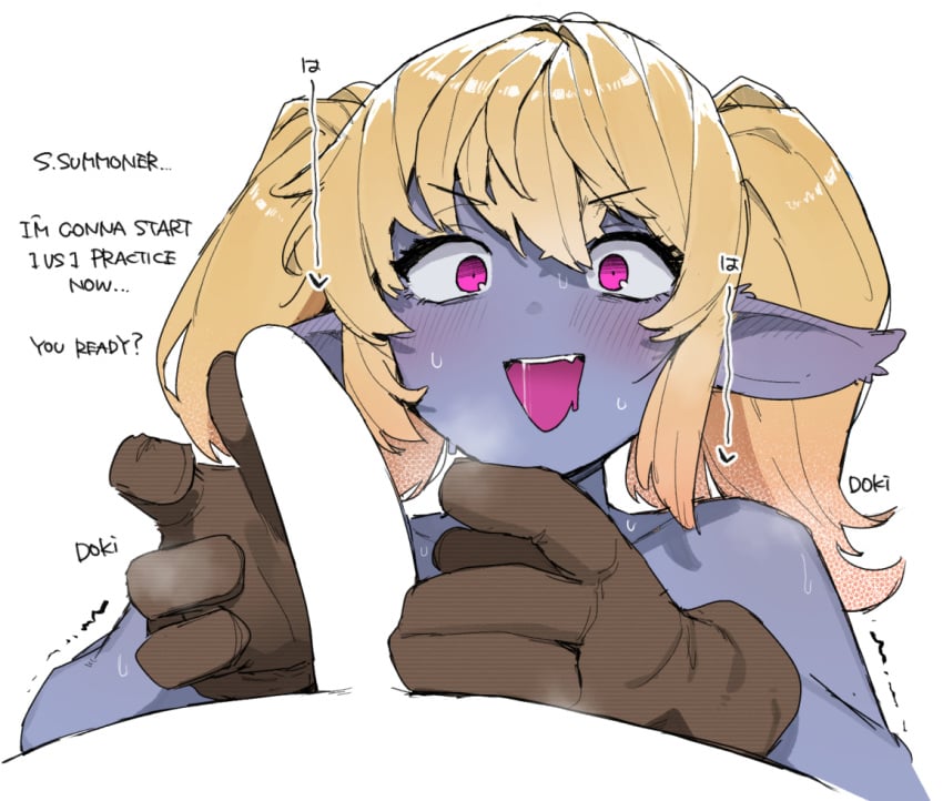 1boy blonde_hair blue_skin blush brown_gloves colored_skin commentary english_text erection female gloves imminent_handjob league_of_legends medium_hair nude ohasi penis pink_eyes pointy_ears poppy simple_background twintails upper_body white_background