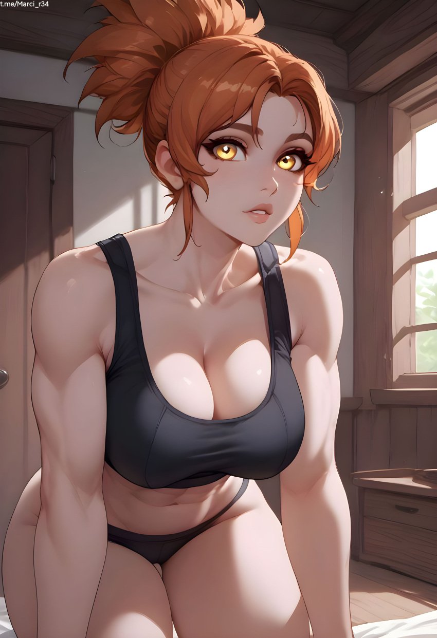 1girls abs ai_generated bare_shoulders big_breasts black_sports_bra black_tank_top brown_hair cleavage collarbone dota_2 female hanging_breasts huge_breasts indoors looking_at_viewer marci parted_bangs parted_lips ponytail solo sports_bra thick_thighs thighs toned_female yellow_eyes