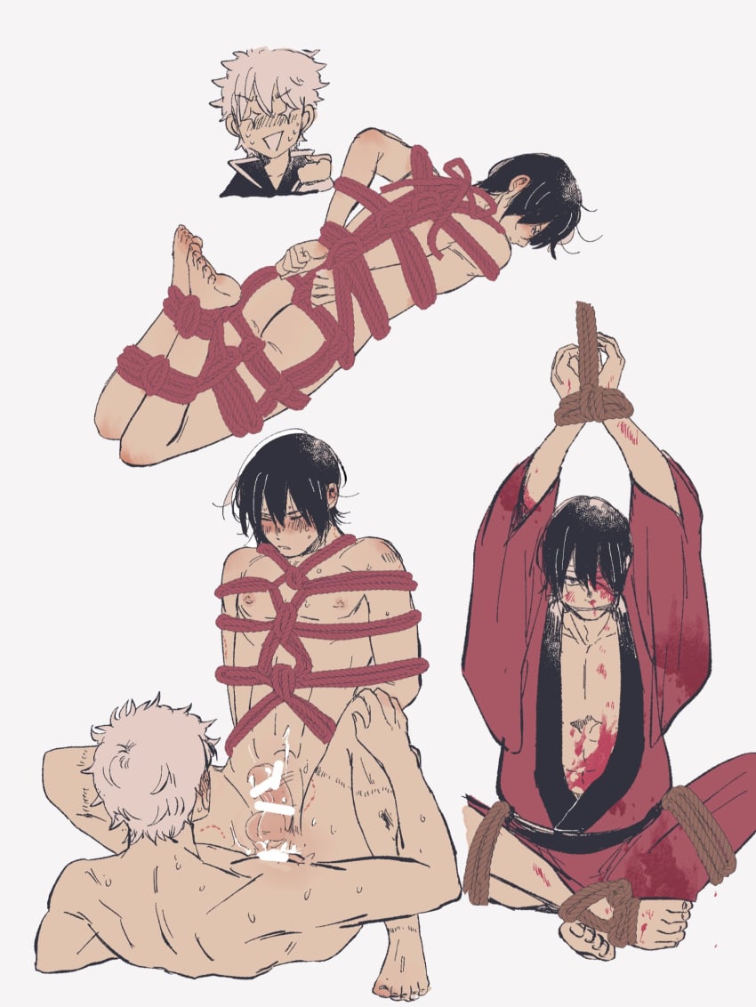 2boys anal anal_sex arms_behind_back arms_up bandages bar_censor bite_mark bite_marks black_hair blood blush bondage bound_wrists completely_nude cowgirl_position emaru_maru erection feet full_body gag gagged gay gintama gintoki_sakata kimono looking_at_viewer looking_back male male_only multiple_scenes nude on_stomach penis rope rope_bondage rope_harness sweat takasugi_shinsuke white_hair yaoi