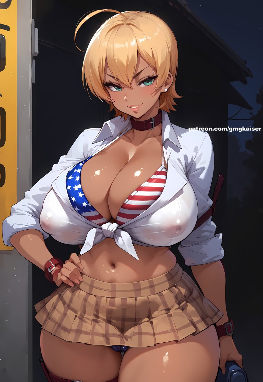 ai_generated blonde_hair female gmgkaiser gyaru looking_at_viewer mito_ikumi outdoors shokugeki_no_souma short_hair standing tagme tight_clothing