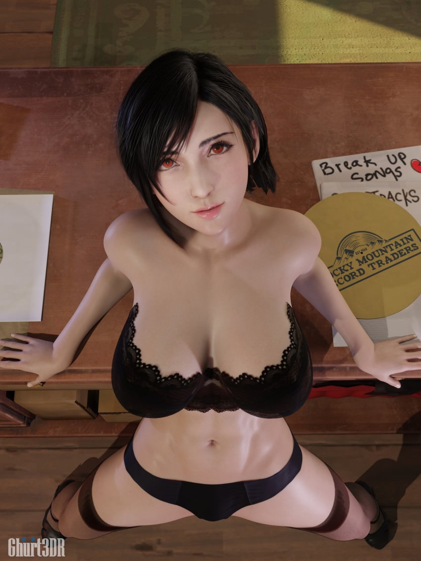 1girls 3d 3d_model 3d_render artist_name bar black_bra black_hair black_high_heels black_lingerie black_panties cleavage final_fantasy final_fantasy_vii final_fantasy_vii_rebirth final_fantasy_vii_remake fit_female ghurt high_heels highres hourglass_figure lace leaning_back lingerie looking_at_viewer looking_up red_eyes seductive shop spread_legs stockings thighhighs tifa_lockhart