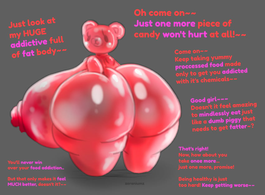 addiction bubble_butt candy candy_humanoid get_worse grabbing_ass gummy_(food) gummy_bear gummy_bear_(food) gummy_creature huge_ass looking_back tagme text zeraniumz