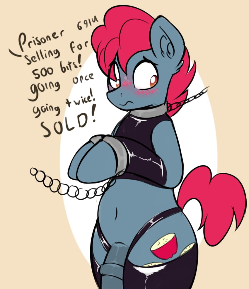 1boy animal_genitalia animal_penis anthro apple_split_(mlp) arm_warmers belly_button blue_fur blush bondage chained chained_collar chained_wrists chains collar crop_top cuff_(restraint) cuffs cutie_mark czu earth_pony english_text equine_penis exposed_penis feminine_male friendship_is_magic furry hasbro hi_res latex latex_arm_warmers latex_armwear latex_legwear latex_thighhighs leash leash_and_collar male_focus male_only medial_ring my_little_pony navel orange_eyes pony prisoner red_hair red_tail slave slave_auction solo solo_focus solo_male text