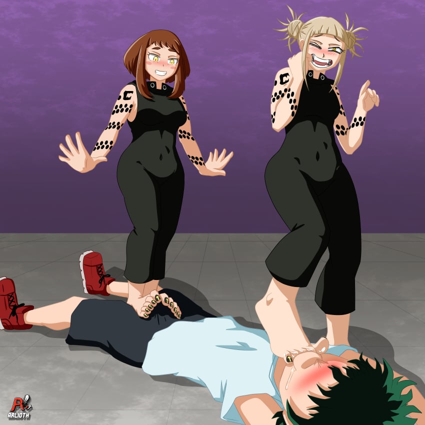 1boy 2girls arlioth barefoot cooperative_footjob cosplay costume denki_anma foot_domination foot_fetish footjob footjob_over_clothes himiko_toga humiliation izuku_midoriya medusa medusa_gorgon midoriya_izuku my_hero_academia nail_polish ochako_uraraka soul_eater standing standing_footjob stepped_on stepping_on_penis teamwork toe_sucking trample trampled_penis trampling uraraka_ochako yellow_eyes