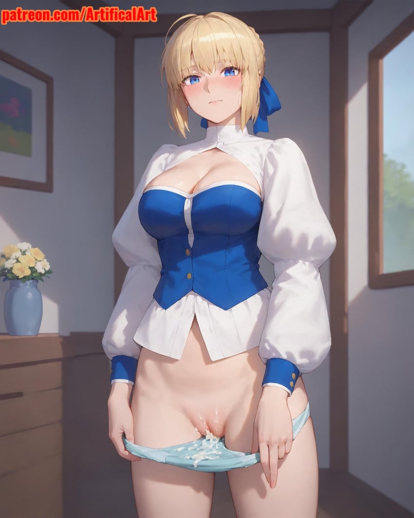 1girls ai_generated artifical_art athletic athletic_female blonde_hair blue_eyes blush clitoris cum cum_on_panties cute cute_face fate/grand_order fate/stay_night fate/zero fate_(series) light-skinned_female light_skin pale-skinned_female pale_skin panties panties_down perky_breasts presenting_pussy saber seductive semen_on_pussy skinny_girl thin_waist