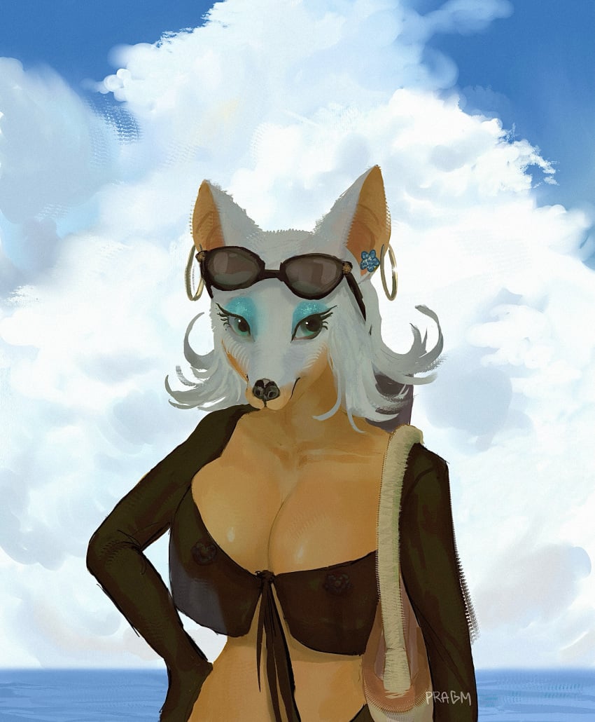 absurd_res anthro bat big_breasts breasts clothing ear_piercing ear_ring eyewear eyewear_on_head female hair hi_res hoop_ear_ring makeup mammal nipple_piercing nipples piercing pragm ring_piercing rouge_the_bat sega solo sonic_(series) sonic_the_hedgehog_(series) sunglasses translucent translucent_clothing