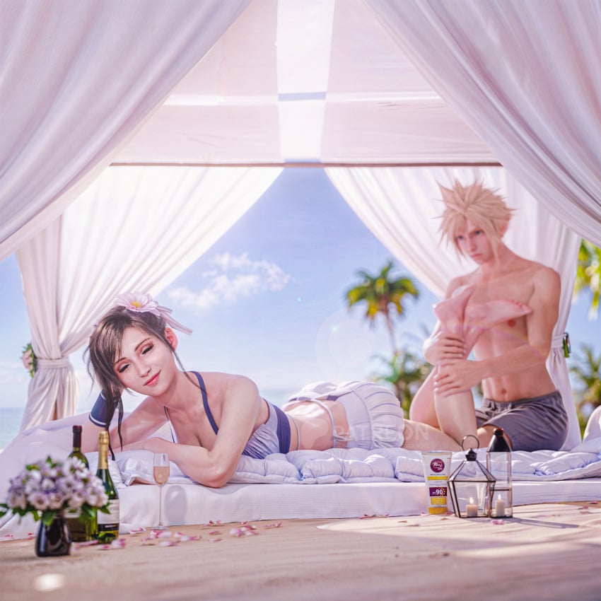 1boy 1boy1girl 1girls 3d 3d_model 3d_render beach beach_shorts bikini bikini_bottom bikini_top black_hair blonde_hair blue_eyes candles champagne champagne_glass closed_eyes cloud_strife couple drayqin final_fantasy final_fantasy_vii final_fantasy_vii_rebirth final_fantasy_vii_remake fit_female fit_male flower_in_hair human human_only laying_on_bed light-skinned_female light-skinned_male light_skin long_hair massage palm_tree pampering patreon_logo red_eyes short_hair shorts square_enix sunny sunscreen tent tifa_lockhart tifa_lockhart_(shining_spirit) vacation