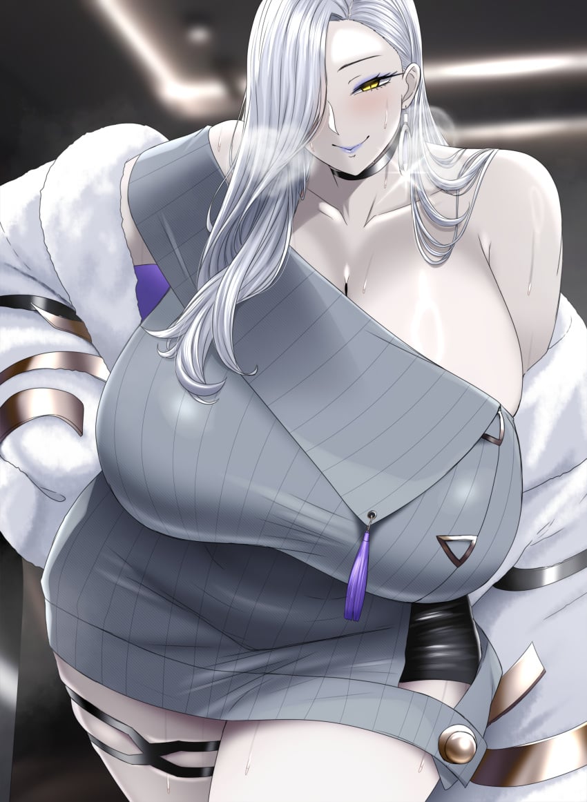 1girls big_breasts black_shorts breasts clothing coat dress ear_piercing earrings eyeshadow fate/grand_order fate_(series) female female_only grey_dress hair hair_over_one_eye hoop_earrings huge_breasts large_breasts lips lipstick long_hair looking_at_viewer mature mature_female mature_woman neckwear omi-san_(fate) saggitary shorts solo solo_female steam steamy_breath sweat sweatdrop sweaty thick_thighs thigh_strap thighs white_hair yellow_eyes