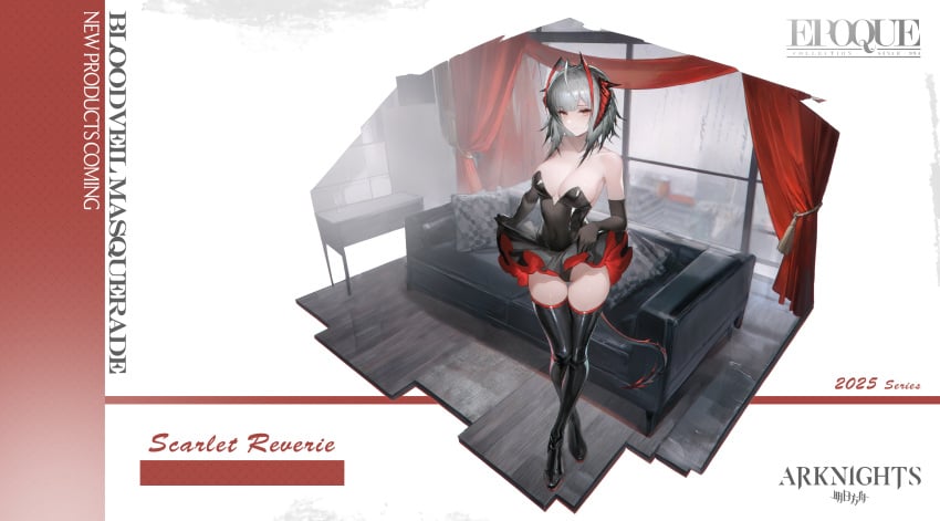 ai_assisted ai_generated arknights black_leotard black_panties breasts cleavage copyright_name full_body high_heels indoors innerboob leotard looking_at_viewer medium_breasts miniskirt muchdoge panties smile strapless_leotard thigh_boots thighs underwear white_background